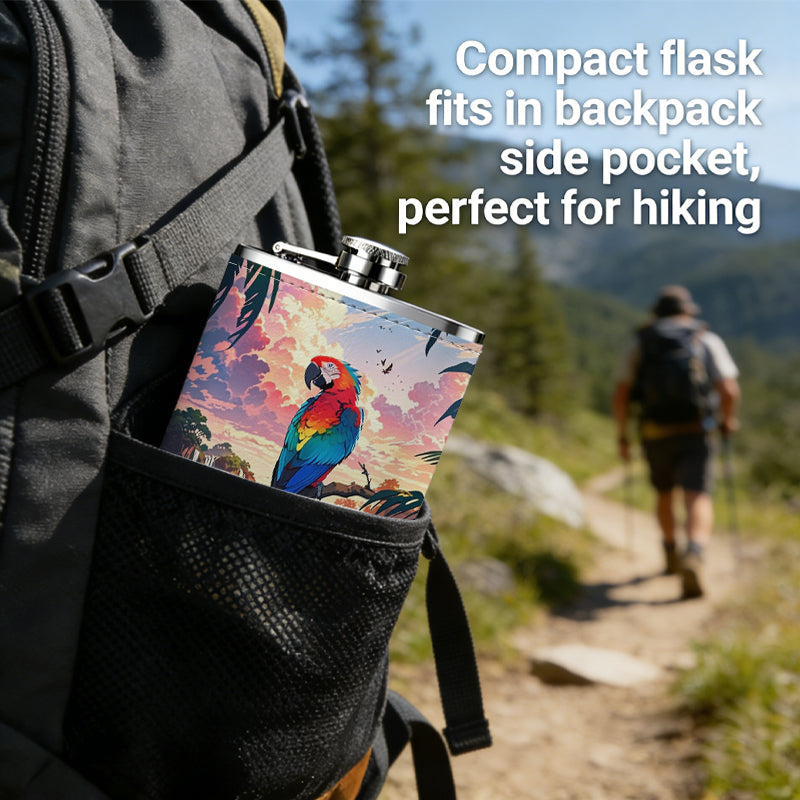 Scarlet macaw in tropical sunset scene 8oz Portable Stainless Steel Hip Flask - Juice Flask - Perfect Gift - Unique Whiskey Flask for Women, Wine Pot Metal - Ideal stainless steel flask for all outdoor activities