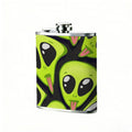 Cartoon alien faces on lime green background 8oz Portable Stainless Steel Hip Flask - Juice Flask - Perfect Gift - Unique Whiskey Flask for Women, Wine Pot Metal - Ideal stainless steel flask for all outdoor activities