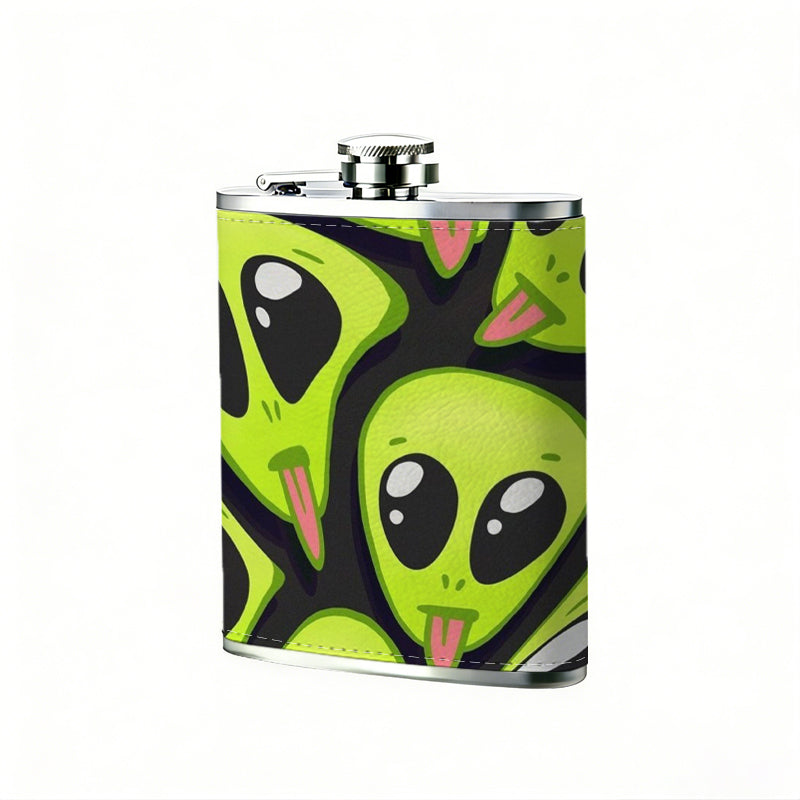 Cartoon alien faces on lime green background 8oz Portable Stainless Steel Hip Flask - Juice Flask - Perfect Gift - Unique Whiskey Flask for Women, Wine Pot Metal - Ideal stainless steel flask for all outdoor activities