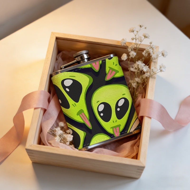 Cartoon alien faces on lime green background 8oz Portable Stainless Steel Hip Flask - Juice Flask - Perfect Gift - Unique Whiskey Flask for Women, Wine Pot Metal - Ideal stainless steel flask for all outdoor activities
