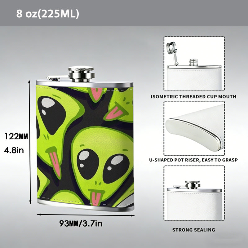 Cartoon alien faces on lime green background 8oz Portable Stainless Steel Hip Flask - Juice Flask - Perfect Gift - Unique Whiskey Flask for Women, Wine Pot Metal - Ideal stainless steel flask for all outdoor activities
