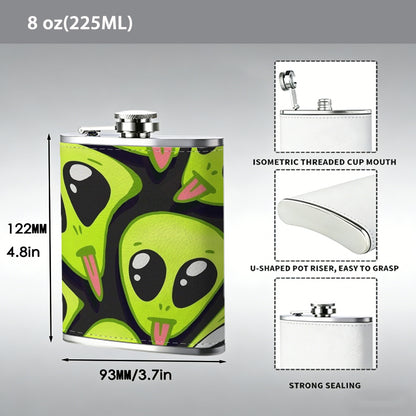 Cartoon alien faces on lime green background 8oz Portable Stainless Steel Hip Flask - Juice Flask - Perfect Gift - Unique Whiskey Flask for Women, Wine Pot Metal - Ideal stainless steel flask for all outdoor activities