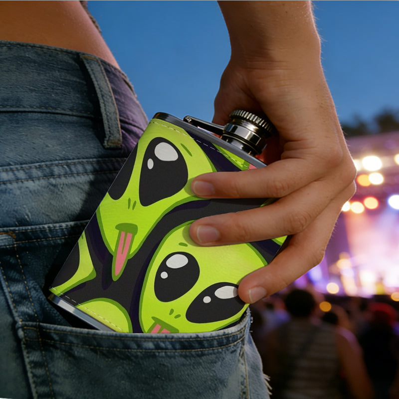 Cartoon alien faces on lime green background 8oz Portable Stainless Steel Hip Flask - Juice Flask - Perfect Gift - Unique Whiskey Flask for Women, Wine Pot Metal - Ideal stainless steel flask for all outdoor activities
