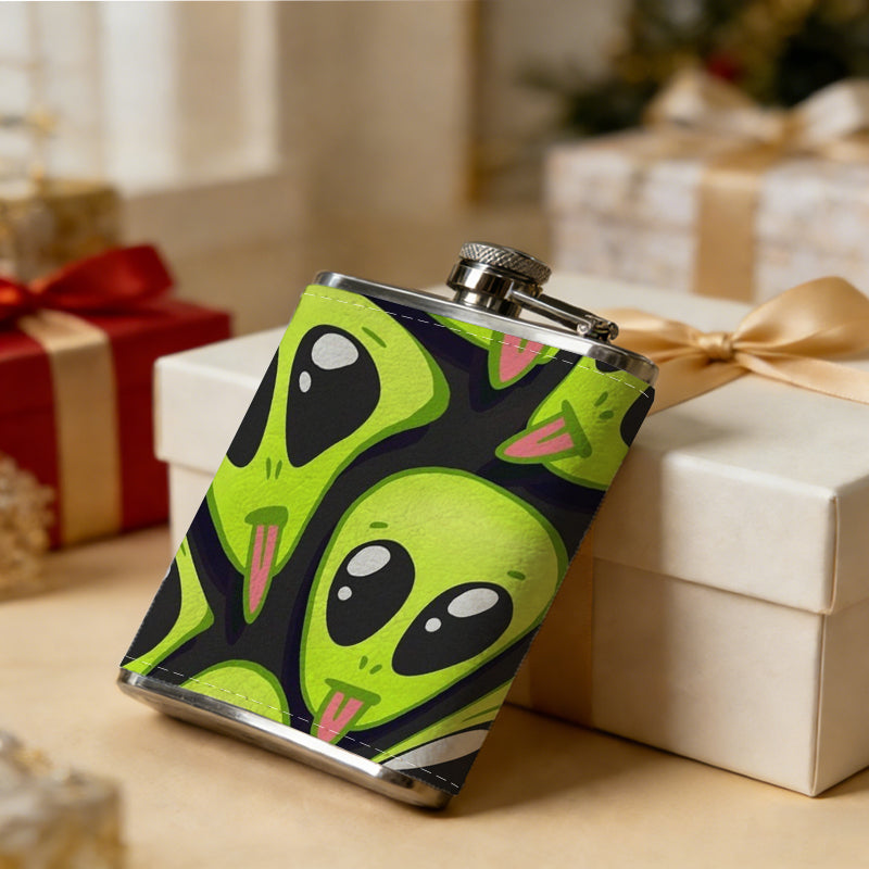 Cartoon alien faces on lime green background 8oz Portable Stainless Steel Hip Flask - Juice Flask - Perfect Gift - Unique Whiskey Flask for Women, Wine Pot Metal - Ideal stainless steel flask for all outdoor activities