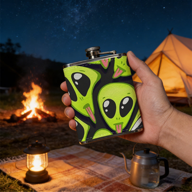 Cartoon alien faces on lime green background 8oz Portable Stainless Steel Hip Flask - Juice Flask - Perfect Gift - Unique Whiskey Flask for Women, Wine Pot Metal - Ideal stainless steel flask for all outdoor activities
