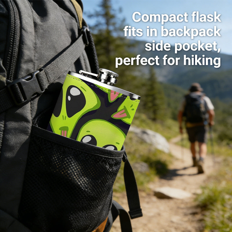 Cartoon alien faces on lime green background 8oz Portable Stainless Steel Hip Flask - Juice Flask - Perfect Gift - Unique Whiskey Flask for Women, Wine Pot Metal - Ideal stainless steel flask for all outdoor activities