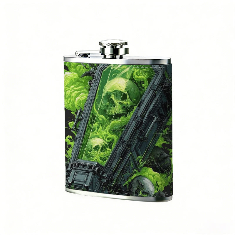 Green abstract skull pattern 8oz Portable Stainless Steel Hip Flask - Juice Flask - Perfect Gift - Unique Whiskey Flask for Women, Wine Pot Metal - Ideal stainless steel flask for all outdoor activities