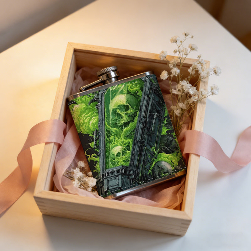 Green abstract skull pattern 8oz Portable Stainless Steel Hip Flask - Juice Flask - Perfect Gift - Unique Whiskey Flask for Women, Wine Pot Metal - Ideal stainless steel flask for all outdoor activities