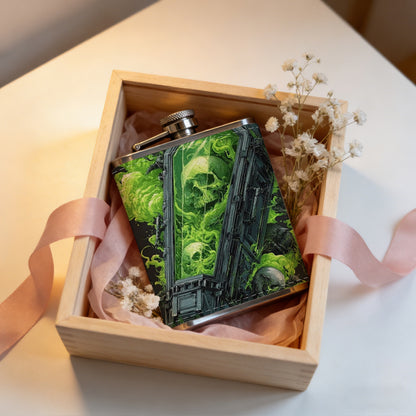 Green abstract skull pattern 8oz Portable Stainless Steel Hip Flask - Juice Flask - Perfect Gift - Unique Whiskey Flask for Women, Wine Pot Metal - Ideal stainless steel flask for all outdoor activities