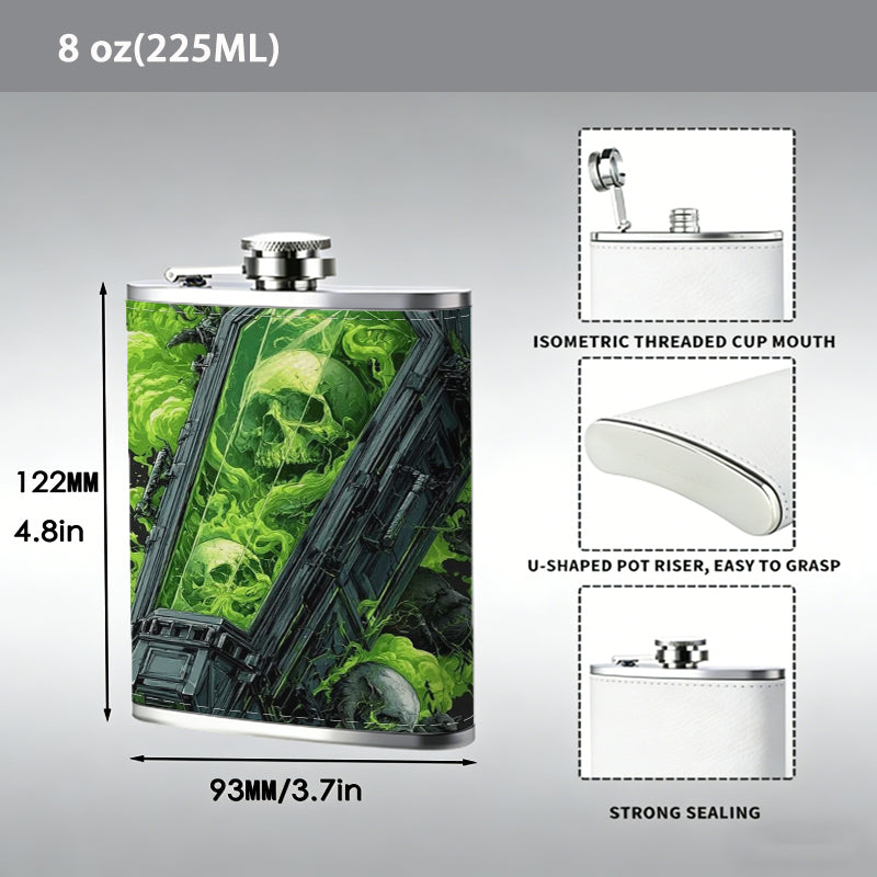 Green abstract skull pattern 8oz Portable Stainless Steel Hip Flask - Juice Flask - Perfect Gift - Unique Whiskey Flask for Women, Wine Pot Metal - Ideal stainless steel flask for all outdoor activities