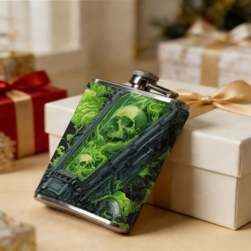 Green abstract skull pattern 8oz Portable Stainless Steel Hip Flask - Juice Flask - Perfect Gift - Unique Whiskey Flask for Women, Wine Pot Metal - Ideal stainless steel flask for all outdoor activities