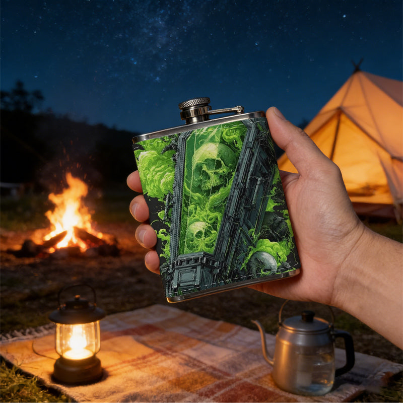 Green abstract skull pattern 8oz Portable Stainless Steel Hip Flask - Juice Flask - Perfect Gift - Unique Whiskey Flask for Women, Wine Pot Metal - Ideal stainless steel flask for all outdoor activities