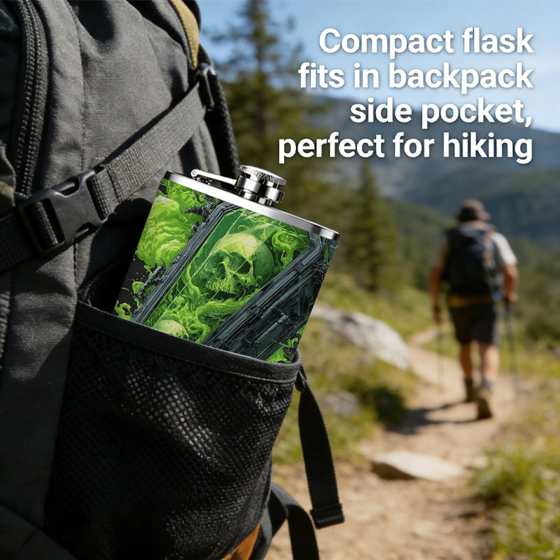 Green abstract skull pattern 8oz Portable Stainless Steel Hip Flask - Juice Flask - Perfect Gift - Unique Whiskey Flask for Women, Wine Pot Metal - Ideal stainless steel flask for all outdoor activities