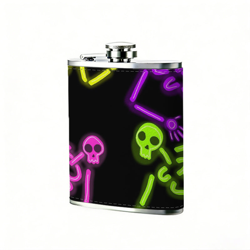Colorful neon skeletons on black background 8oz Portable Stainless Steel Hip Flask - Juice Flask - Perfect Gift - Unique Whiskey Flask for Women, Wine Pot Metal - Ideal stainless steel flask for all outdoor activities