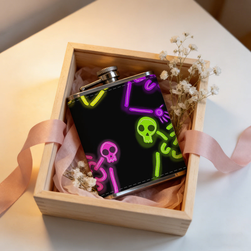Colorful neon skeletons on black background 8oz Portable Stainless Steel Hip Flask - Juice Flask - Perfect Gift - Unique Whiskey Flask for Women, Wine Pot Metal - Ideal stainless steel flask for all outdoor activities