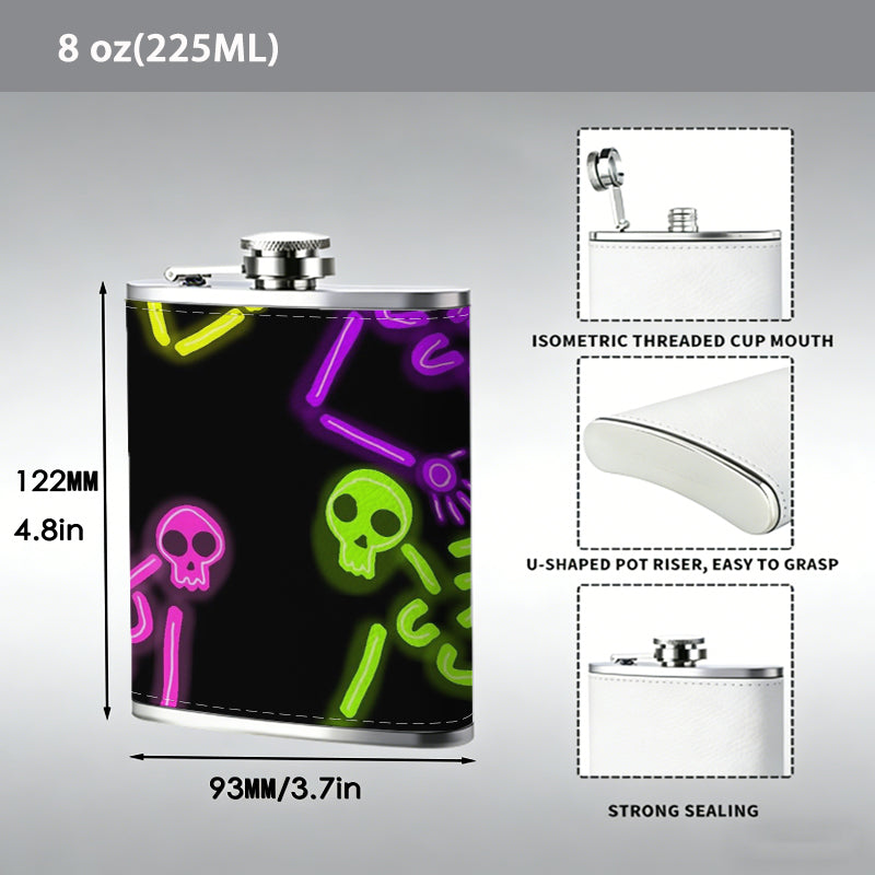 Colorful neon skeletons on black background 8oz Portable Stainless Steel Hip Flask - Juice Flask - Perfect Gift - Unique Whiskey Flask for Women, Wine Pot Metal - Ideal stainless steel flask for all outdoor activities