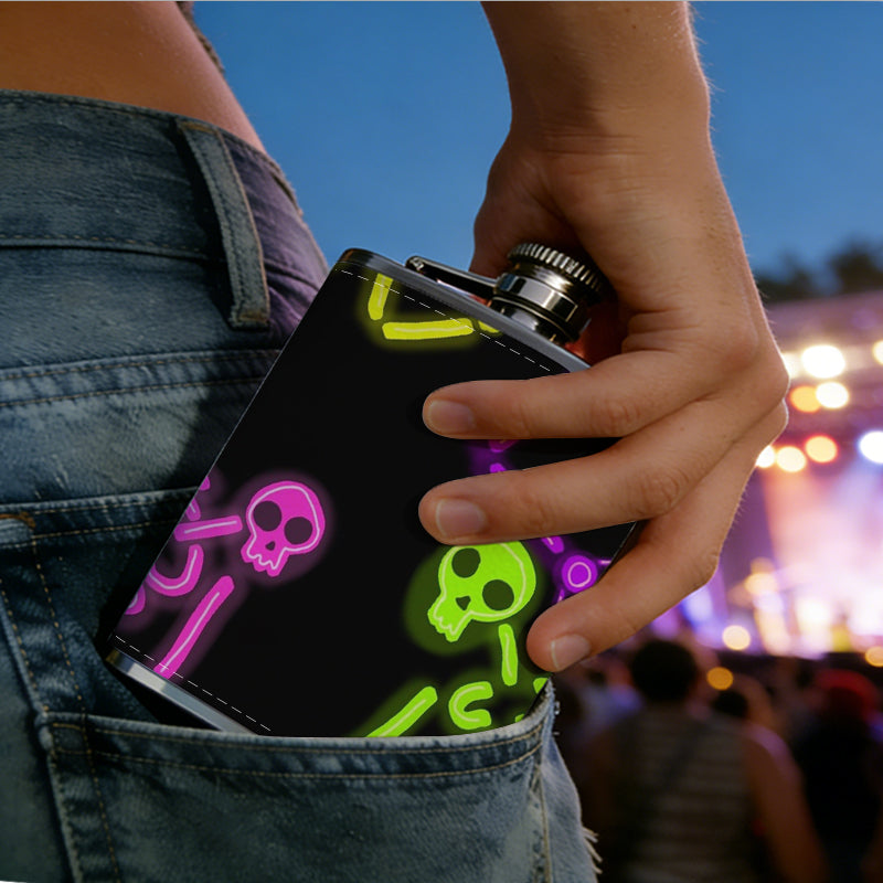 Colorful neon skeletons on black background 8oz Portable Stainless Steel Hip Flask - Juice Flask - Perfect Gift - Unique Whiskey Flask for Women, Wine Pot Metal - Ideal stainless steel flask for all outdoor activities