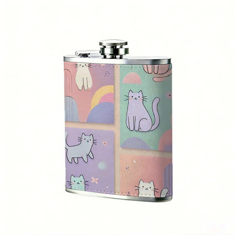 Cartoon cats and flasks 8oz Portable Stainless Steel Hip Flask - Juice Flask - Perfect Gift - Unique Whiskey Flask for Women, Wine Pot Metal - Ideal stainless steel flask for all outdoor activities