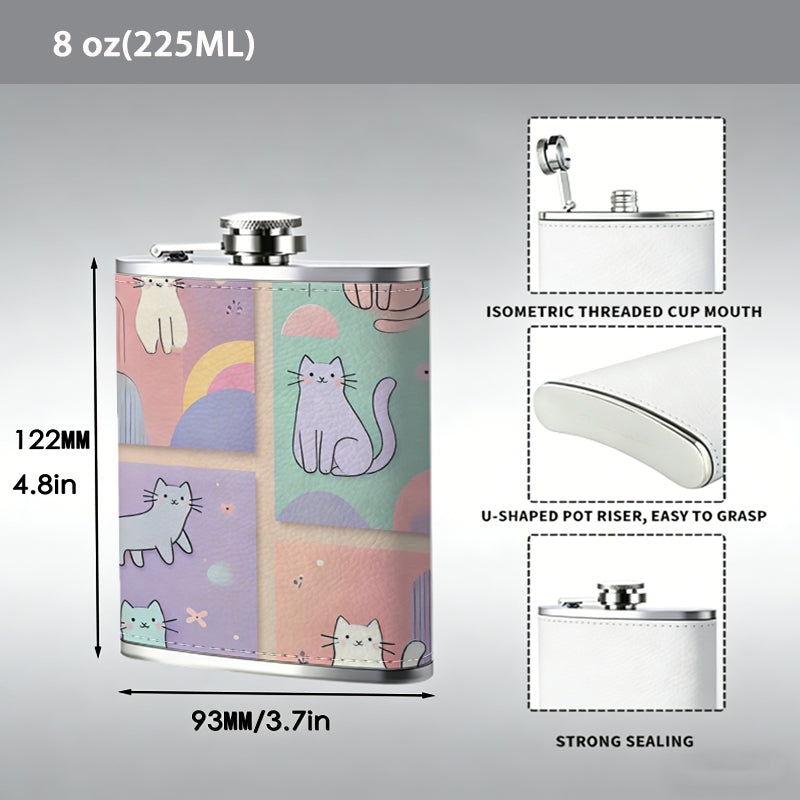 Cartoon cats and flasks 8oz Portable Stainless Steel Hip Flask - Juice Flask - Perfect Gift - Unique Whiskey Flask for Women, Wine Pot Metal - Ideal stainless steel flask for all outdoor activities