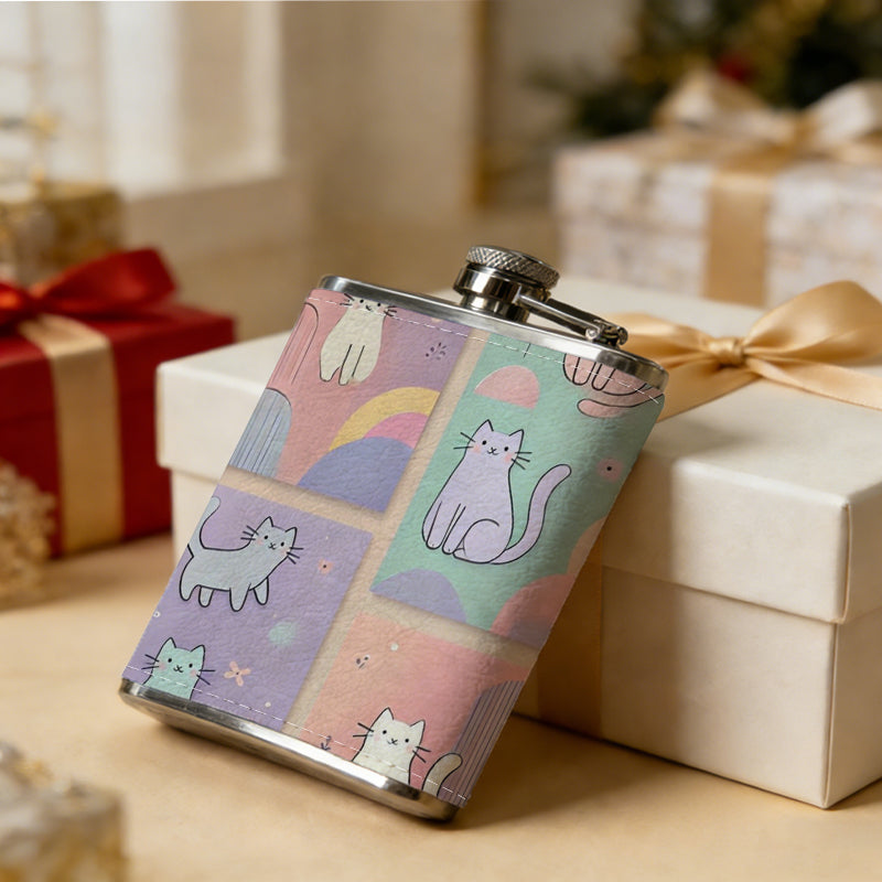 Cartoon cats and flasks 8oz Portable Stainless Steel Hip Flask - Juice Flask - Perfect Gift - Unique Whiskey Flask for Women, Wine Pot Metal - Ideal stainless steel flask for all outdoor activities