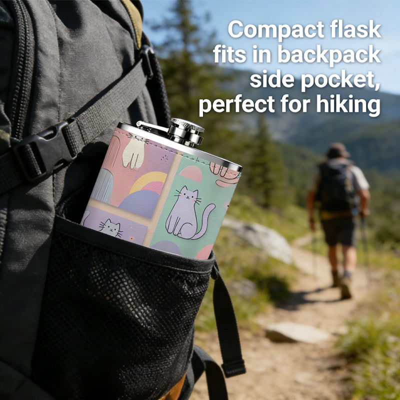 Cartoon cats and flasks 8oz Portable Stainless Steel Hip Flask - Juice Flask - Perfect Gift - Unique Whiskey Flask for Women, Wine Pot Metal - Ideal stainless steel flask for all outdoor activities