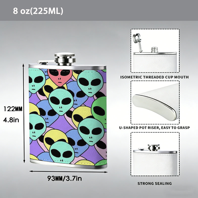 Pattern of colorful alien heads 8oz Portable Stainless Steel Hip Flask - Juice Flask - Perfect Gift - Unique Whiskey Flask for Women, Wine Pot Metal - Ideal stainless steel flask for all outdoor activities