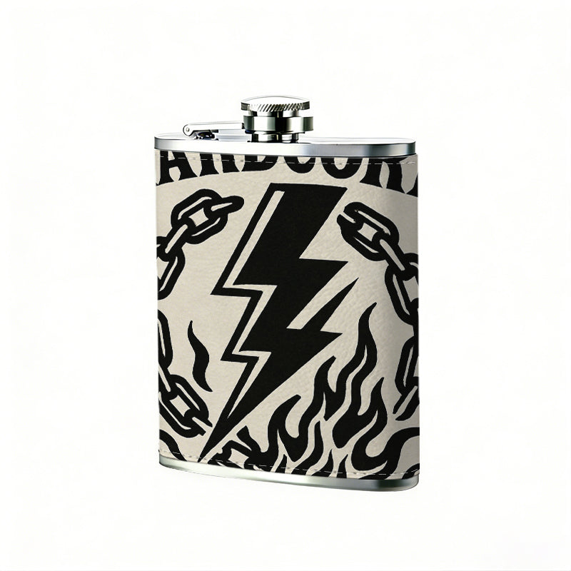 Hardcore text with lightning chains and flames 8oz Portable Stainless Steel Hip Flask - Juice Flask - Perfect Gift - Unique Whiskey Flask for Women, Wine Pot Metal - Ideal stainless steel flask for all outdoor activities