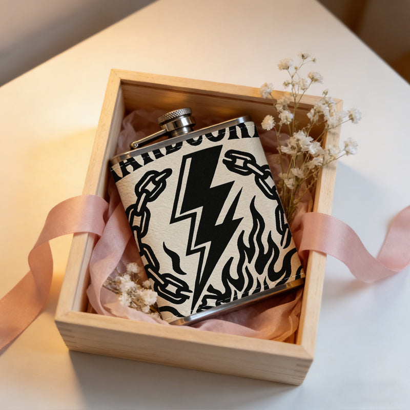 Hardcore text with lightning chains and flames 8oz Portable Stainless Steel Hip Flask - Juice Flask - Perfect Gift - Unique Whiskey Flask for Women, Wine Pot Metal - Ideal stainless steel flask for all outdoor activities