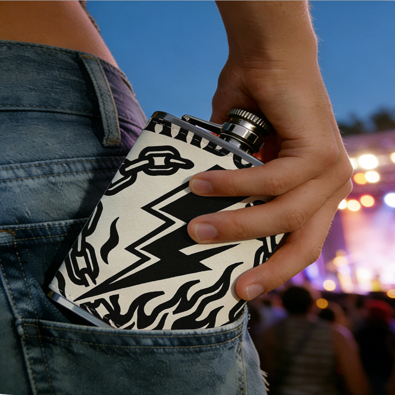 Hardcore text with lightning chains and flames 8oz Portable Stainless Steel Hip Flask - Juice Flask - Perfect Gift - Unique Whiskey Flask for Women, Wine Pot Metal - Ideal stainless steel flask for all outdoor activities