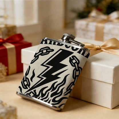 Hardcore text with lightning chains and flames 8oz Portable Stainless Steel Hip Flask - Juice Flask - Perfect Gift - Unique Whiskey Flask for Women, Wine Pot Metal - Ideal stainless steel flask for all outdoor activities
