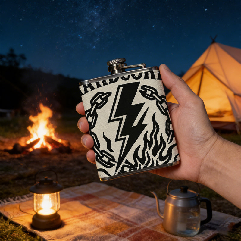 Hardcore text with lightning chains and flames 8oz Portable Stainless Steel Hip Flask - Juice Flask - Perfect Gift - Unique Whiskey Flask for Women, Wine Pot Metal - Ideal stainless steel flask for all outdoor activities
