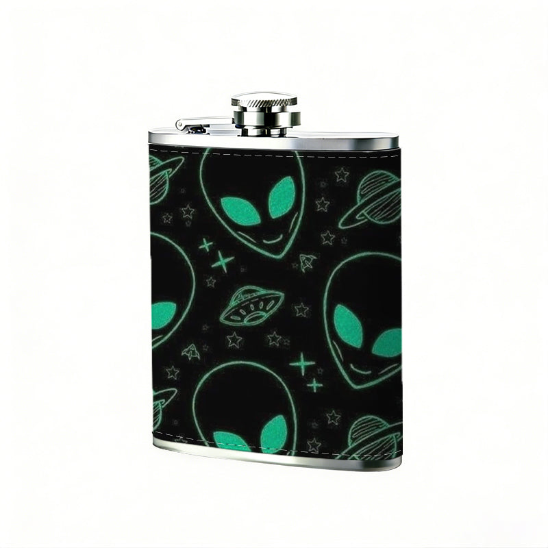 Glowing alien heads pattern on black background 8oz Portable Stainless Steel Hip Flask - Juice Flask - Perfect Gift - Unique Whiskey Flask for Women, Wine Pot Metal - Ideal stainless steel flask for all outdoor activities
