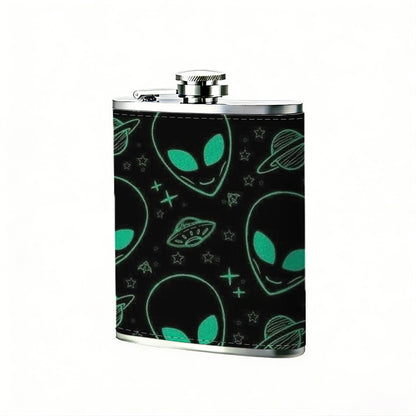 Glowing alien heads pattern on black background 8oz Portable Stainless Steel Hip Flask - Juice Flask - Perfect Gift - Unique Whiskey Flask for Women, Wine Pot Metal - Ideal stainless steel flask for all outdoor activities