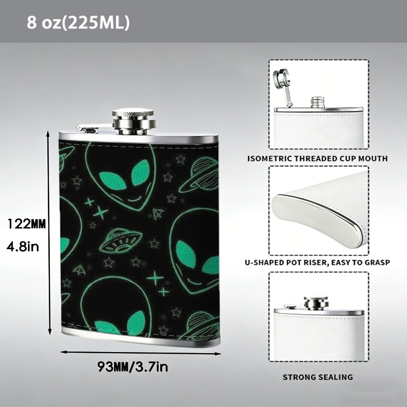 Glowing alien heads pattern on black background 8oz Portable Stainless Steel Hip Flask - Juice Flask - Perfect Gift - Unique Whiskey Flask for Women, Wine Pot Metal - Ideal stainless steel flask for all outdoor activities