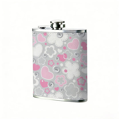 Pink and grey floral heart pattern 8oz Portable Stainless Steel Hip Flask - Juice Flask - Perfect Gift - Unique Whiskey Flask for Women, Wine Pot Metal - Ideal stainless steel flask for all outdoor activities