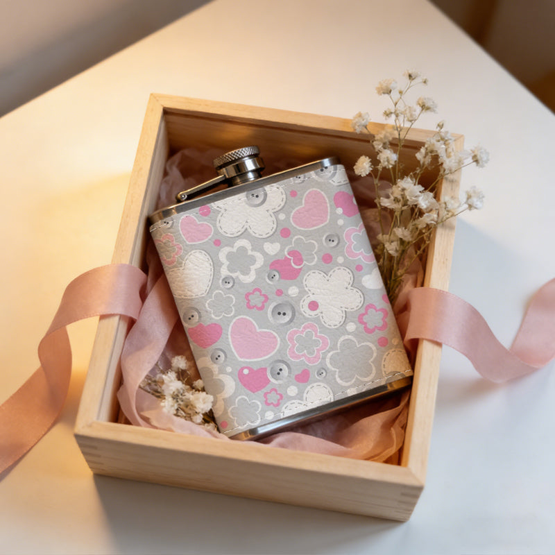 Pink and grey floral heart pattern 8oz Portable Stainless Steel Hip Flask - Juice Flask - Perfect Gift - Unique Whiskey Flask for Women, Wine Pot Metal - Ideal stainless steel flask for all outdoor activities
