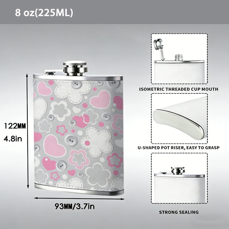 Pink and grey floral heart pattern 8oz Portable Stainless Steel Hip Flask - Juice Flask - Perfect Gift - Unique Whiskey Flask for Women, Wine Pot Metal - Ideal stainless steel flask for all outdoor activities