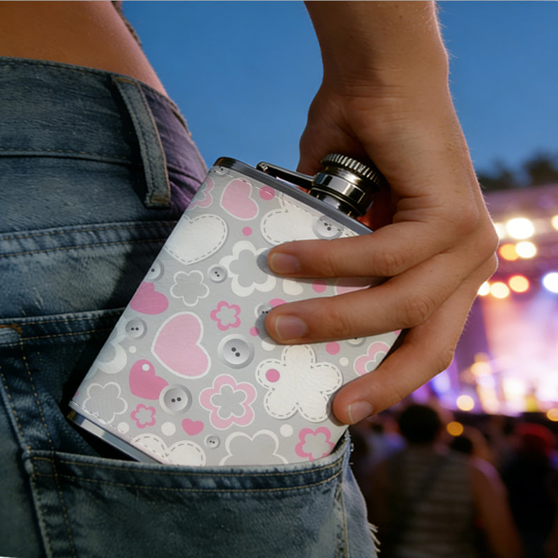 Pink and grey floral heart pattern 8oz Portable Stainless Steel Hip Flask - Juice Flask - Perfect Gift - Unique Whiskey Flask for Women, Wine Pot Metal - Ideal stainless steel flask for all outdoor activities