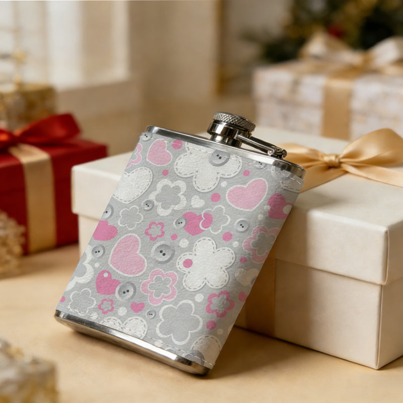 Pink and grey floral heart pattern 8oz Portable Stainless Steel Hip Flask - Juice Flask - Perfect Gift - Unique Whiskey Flask for Women, Wine Pot Metal - Ideal stainless steel flask for all outdoor activities