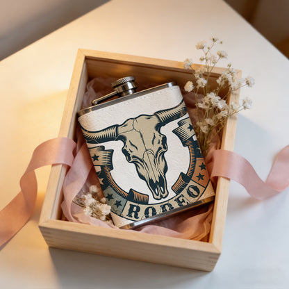 Rodeo bull skull emblem 8oz Portable Stainless Steel Hip Flask - Juice Flask - Perfect Gift - Unique Whiskey Flask for Women, Wine Pot Metal - Ideal stainless steel flask for all outdoor activities