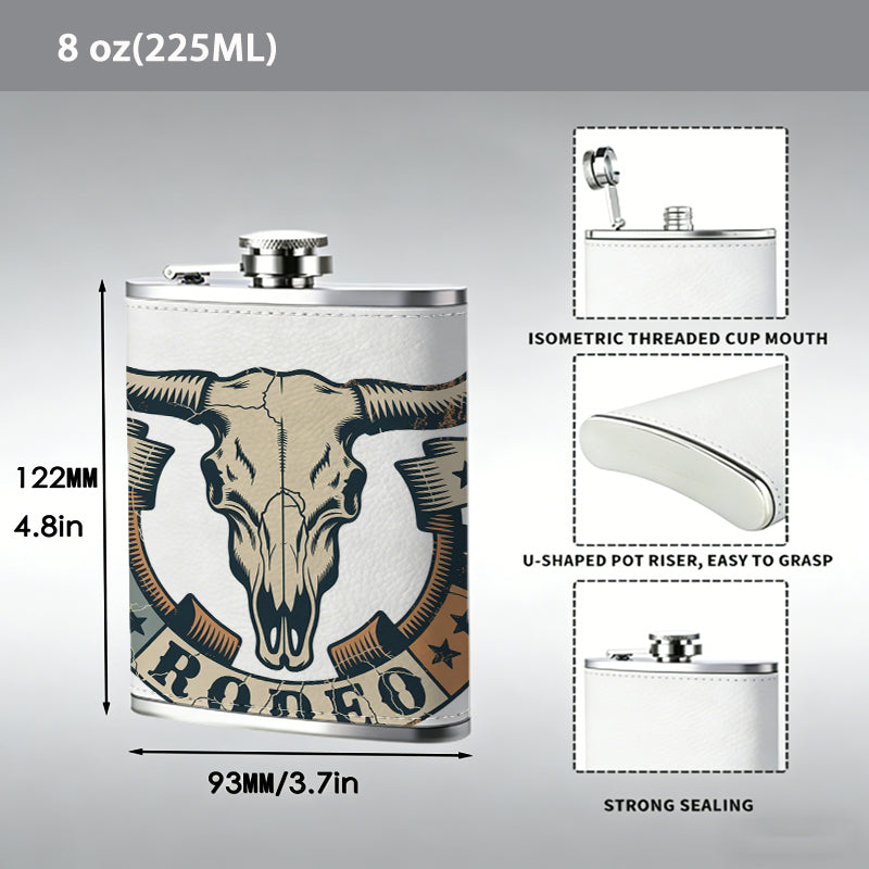 Rodeo bull skull emblem 8oz Portable Stainless Steel Hip Flask - Juice Flask - Perfect Gift - Unique Whiskey Flask for Women, Wine Pot Metal - Ideal stainless steel flask for all outdoor activities