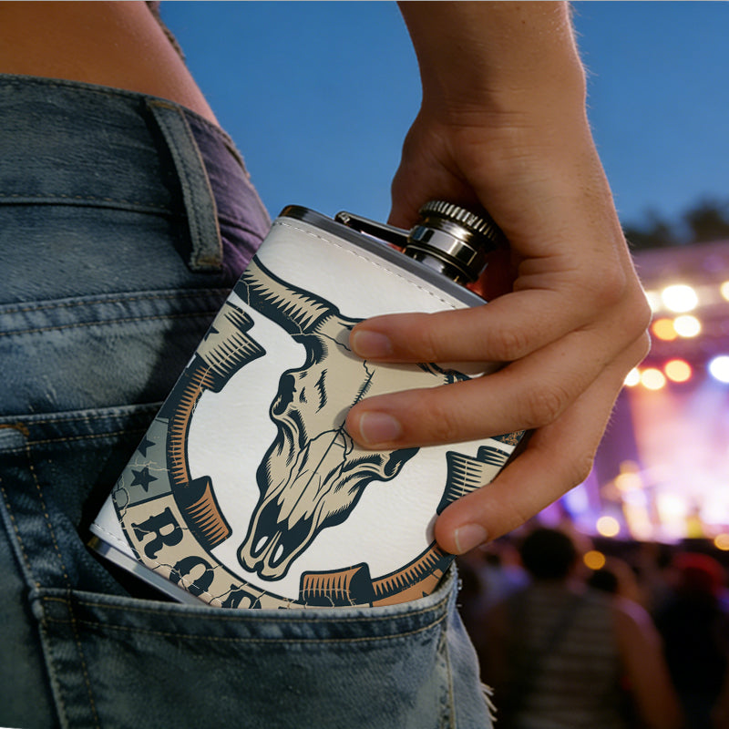 Rodeo bull skull emblem 8oz Portable Stainless Steel Hip Flask - Juice Flask - Perfect Gift - Unique Whiskey Flask for Women, Wine Pot Metal - Ideal stainless steel flask for all outdoor activities