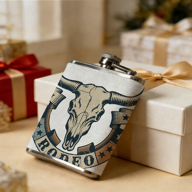 Rodeo bull skull emblem 8oz Portable Stainless Steel Hip Flask - Juice Flask - Perfect Gift - Unique Whiskey Flask for Women, Wine Pot Metal - Ideal stainless steel flask for all outdoor activities