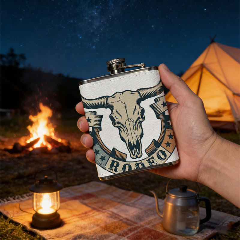 Rodeo bull skull emblem 8oz Portable Stainless Steel Hip Flask - Juice Flask - Perfect Gift - Unique Whiskey Flask for Women, Wine Pot Metal - Ideal stainless steel flask for all outdoor activities
