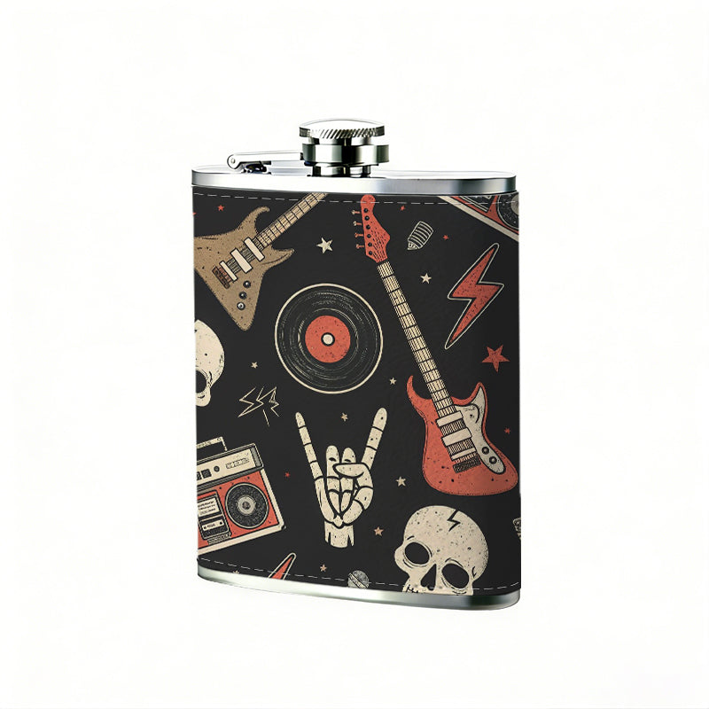 Skulls, guitars and retro music elements 8oz Portable Stainless Steel Hip Flask - Juice Flask - Perfect Gift - Unique Whiskey Flask for Women, Wine Pot Metal - Ideal stainless steel flask for all outdoor activities
