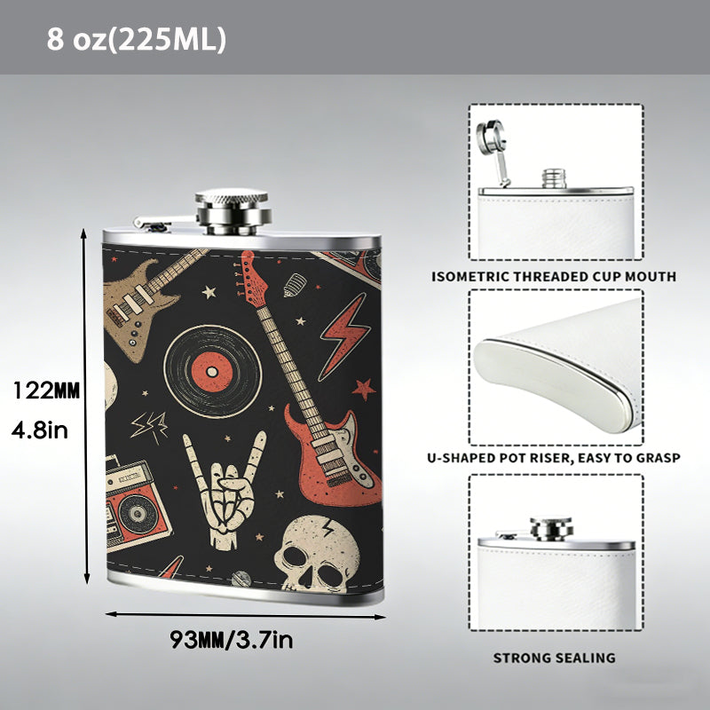 Skulls, guitars and retro music elements 8oz Portable Stainless Steel Hip Flask - Juice Flask - Perfect Gift - Unique Whiskey Flask for Women, Wine Pot Metal - Ideal stainless steel flask for all outdoor activities