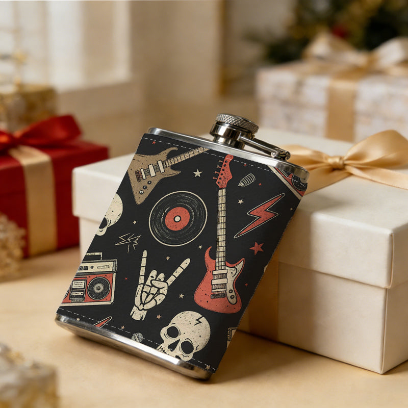 Skulls, guitars and retro music elements 8oz Portable Stainless Steel Hip Flask - Juice Flask - Perfect Gift - Unique Whiskey Flask for Women, Wine Pot Metal - Ideal stainless steel flask for all outdoor activities