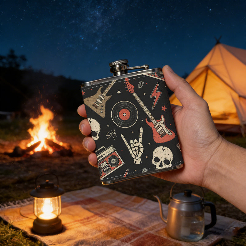 Skulls, guitars and retro music elements 8oz Portable Stainless Steel Hip Flask - Juice Flask - Perfect Gift - Unique Whiskey Flask for Women, Wine Pot Metal - Ideal stainless steel flask for all outdoor activities