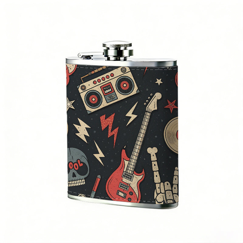 Skulls, radios, guitars and music icons 8oz Portable Stainless Steel Hip Flask - Juice Flask - Perfect Gift - Unique Whiskey Flask for Women, Wine Pot Metal - Ideal stainless steel flask for all outdoor activities