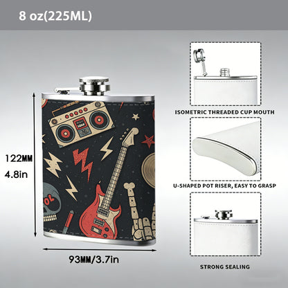 Skulls, radios, guitars and music icons 8oz Portable Stainless Steel Hip Flask - Juice Flask - Perfect Gift - Unique Whiskey Flask for Women, Wine Pot Metal - Ideal stainless steel flask for all outdoor activities